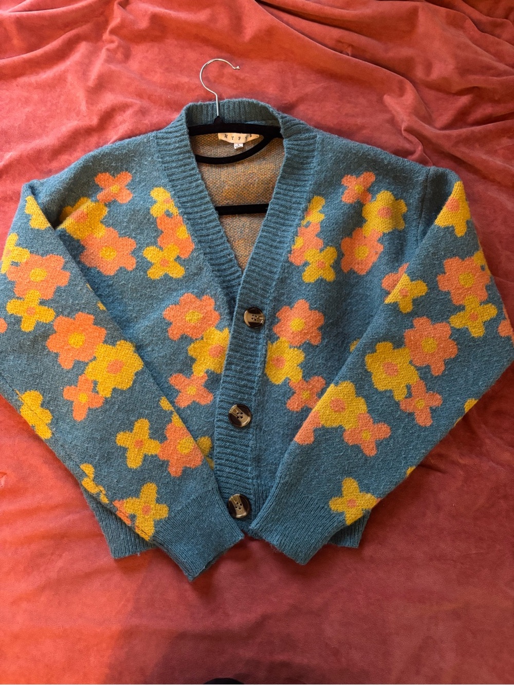 HYFVE Teal Blue Cardigan with Yellow and Peach Floral Pattern